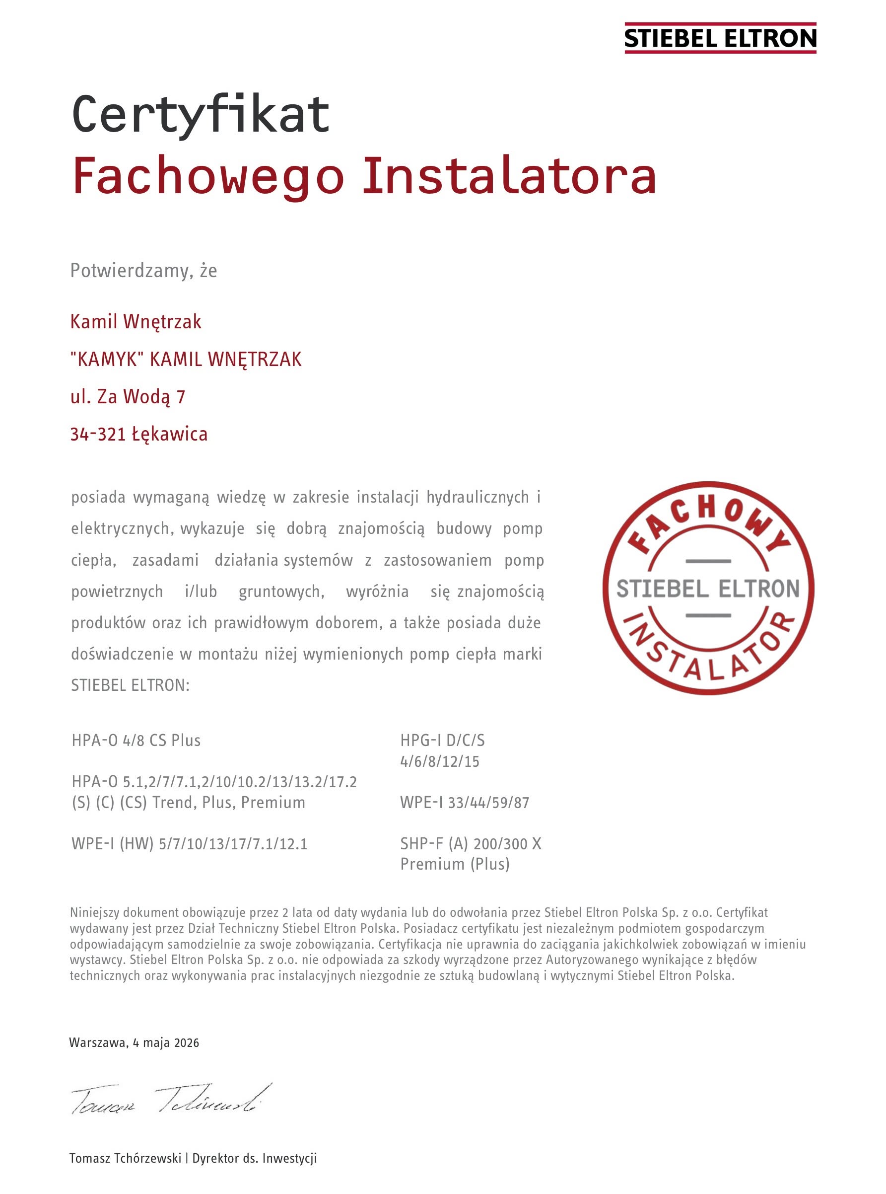 Zdjęcie przedstawiające certyfikat STIEBEL ELTRON